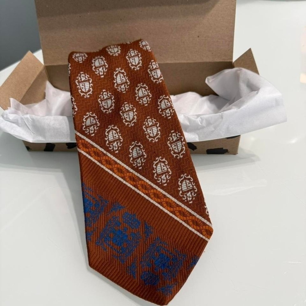 Vintage Towncraft Geometric Tie – Brown & Blue‎ Crest Print – 70s Style